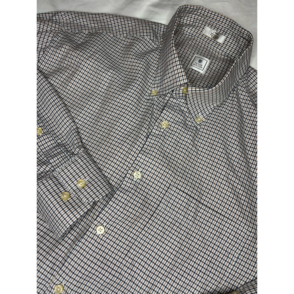 Peter Millar Men's Large Gold & Black Plaid Long Sleeve Button Down Shirt Cotton